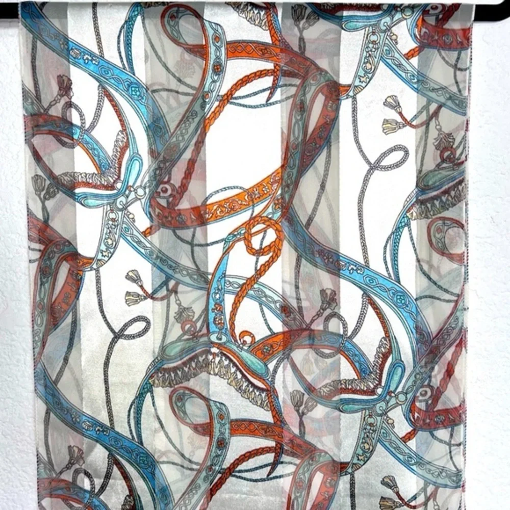 Satin & Sheer Ivory Rust & Blue Printed Scarf Ascot Hair Wrap